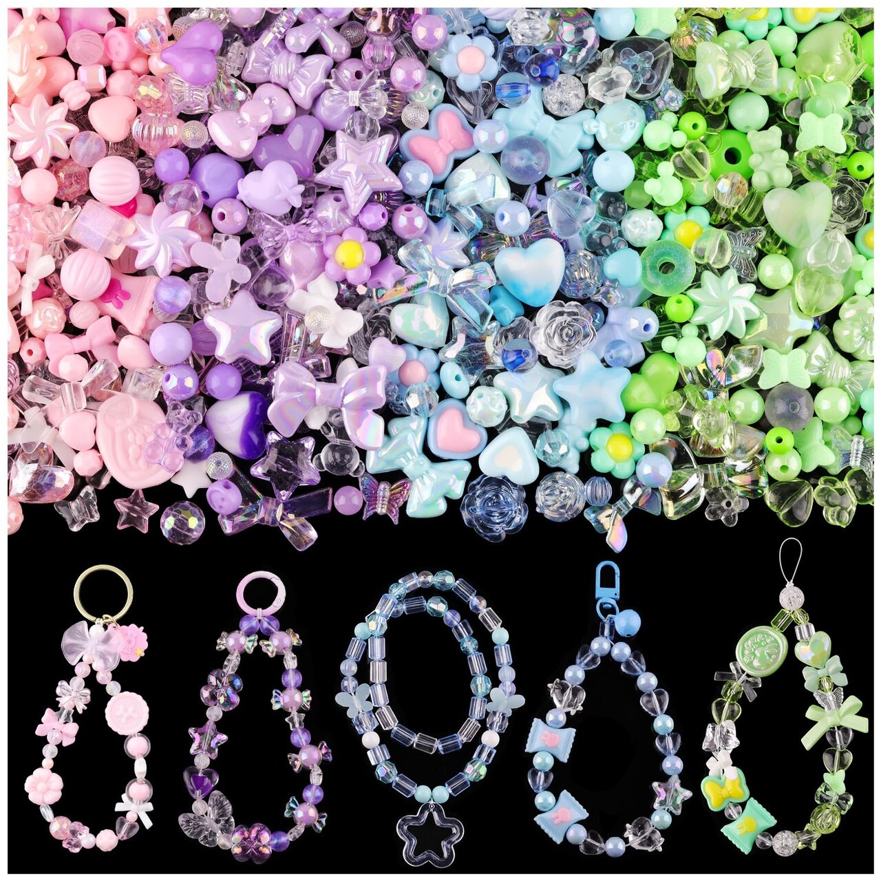 140-160 PCS Assorted Acrylic Beads For Bracelet Making, Flower Bow Butterfly Candy Star Heart GummyBear Kawaii Aesthetic Bracelet Charms,Cute Beads For Jewelry Making DIY Necklace Keychain Phone Charms